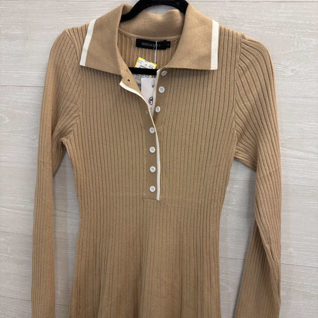 Merokeety Brown/ White Ribbed Long Sleeve Henley Dress Large