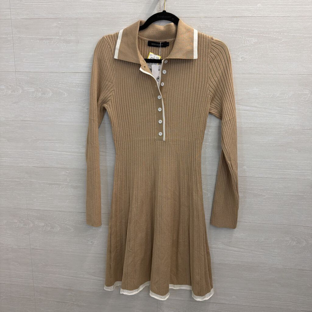 Merokeety Brown/ White Ribbed Long Sleeve Henley Dress Large