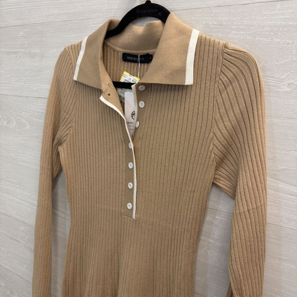 Merokeety Brown/ White Ribbed Long Sleeve Henley Dress Large