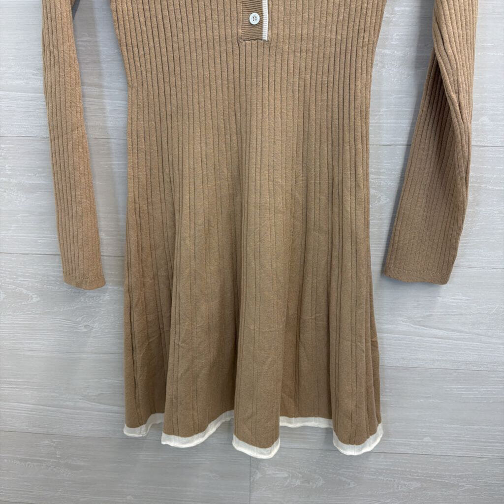 Merokeety Brown/ White Ribbed Long Sleeve Henley Dress Large