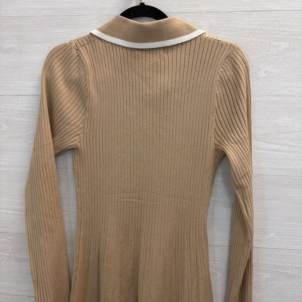 Merokeety Brown/ White Ribbed Long Sleeve Henley Dress Large