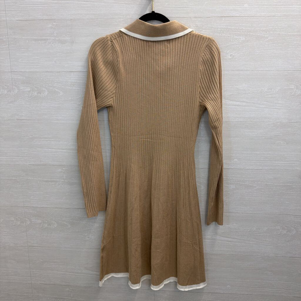 Merokeety Brown/ White Ribbed Long Sleeve Henley Dress Large