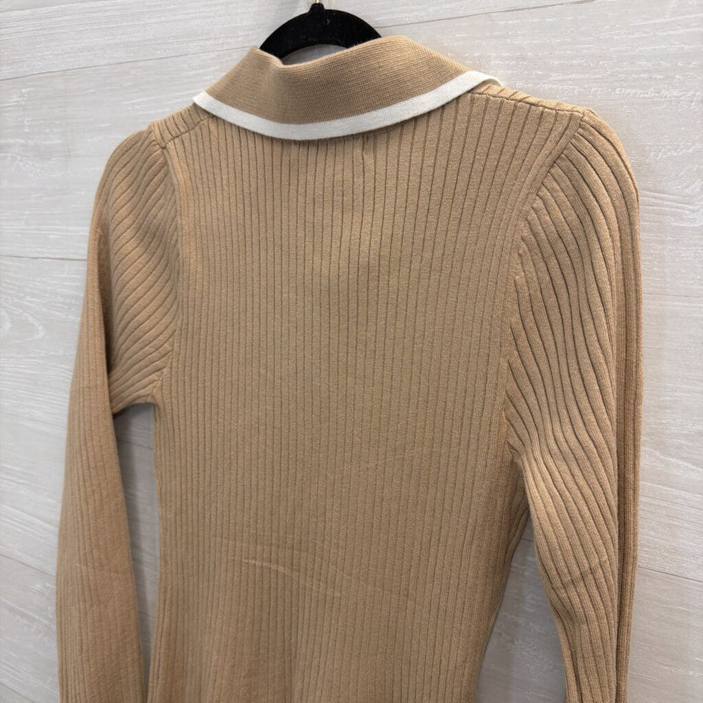Merokeety Brown/ White Ribbed Long Sleeve Henley Dress Large
