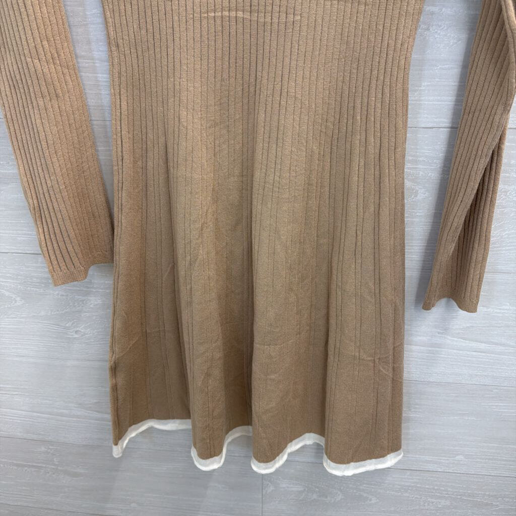 Merokeety Brown/ White Ribbed Long Sleeve Henley Dress Large