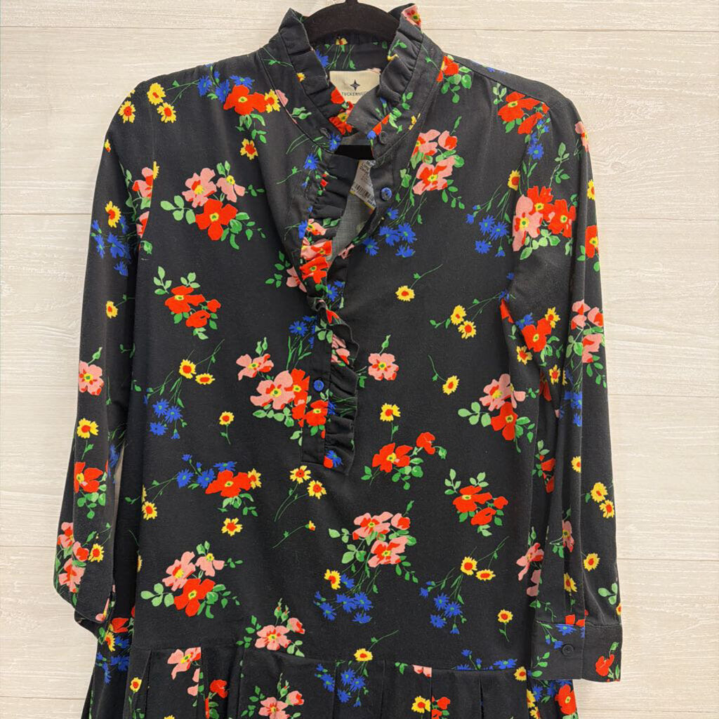 Tuckernuck Black/ Multi Floral Print Long Sleeve Ruffle Detail Dress Extra Small