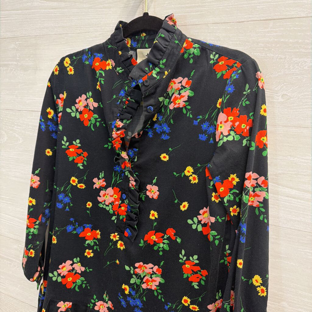 Tuckernuck Black/ Multi Floral Print Long Sleeve Ruffle Detail Dress Extra Small