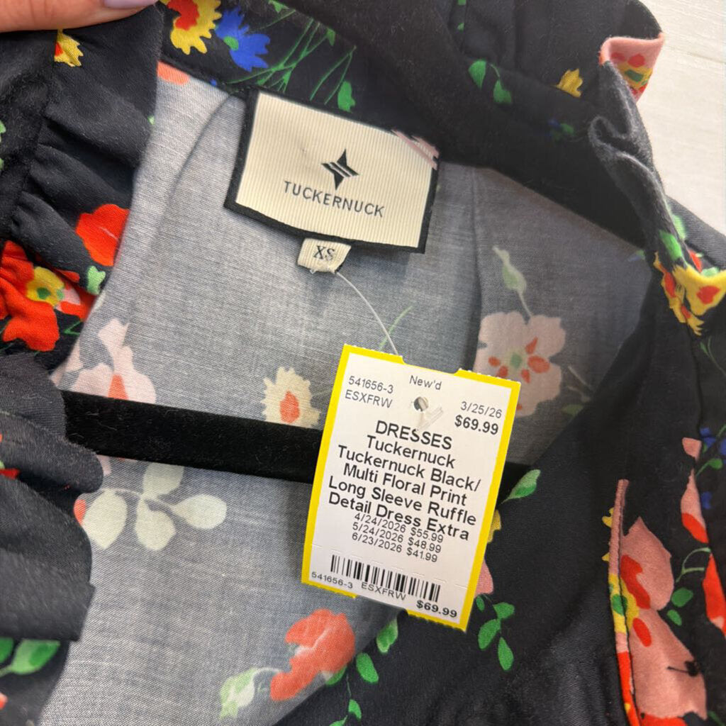 Tuckernuck Black/ Multi Floral Print Long Sleeve Ruffle Detail Dress Extra Small