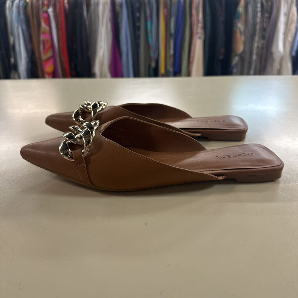 Open Edit Brown Leather Gold Chain Kristina Mules 7.5