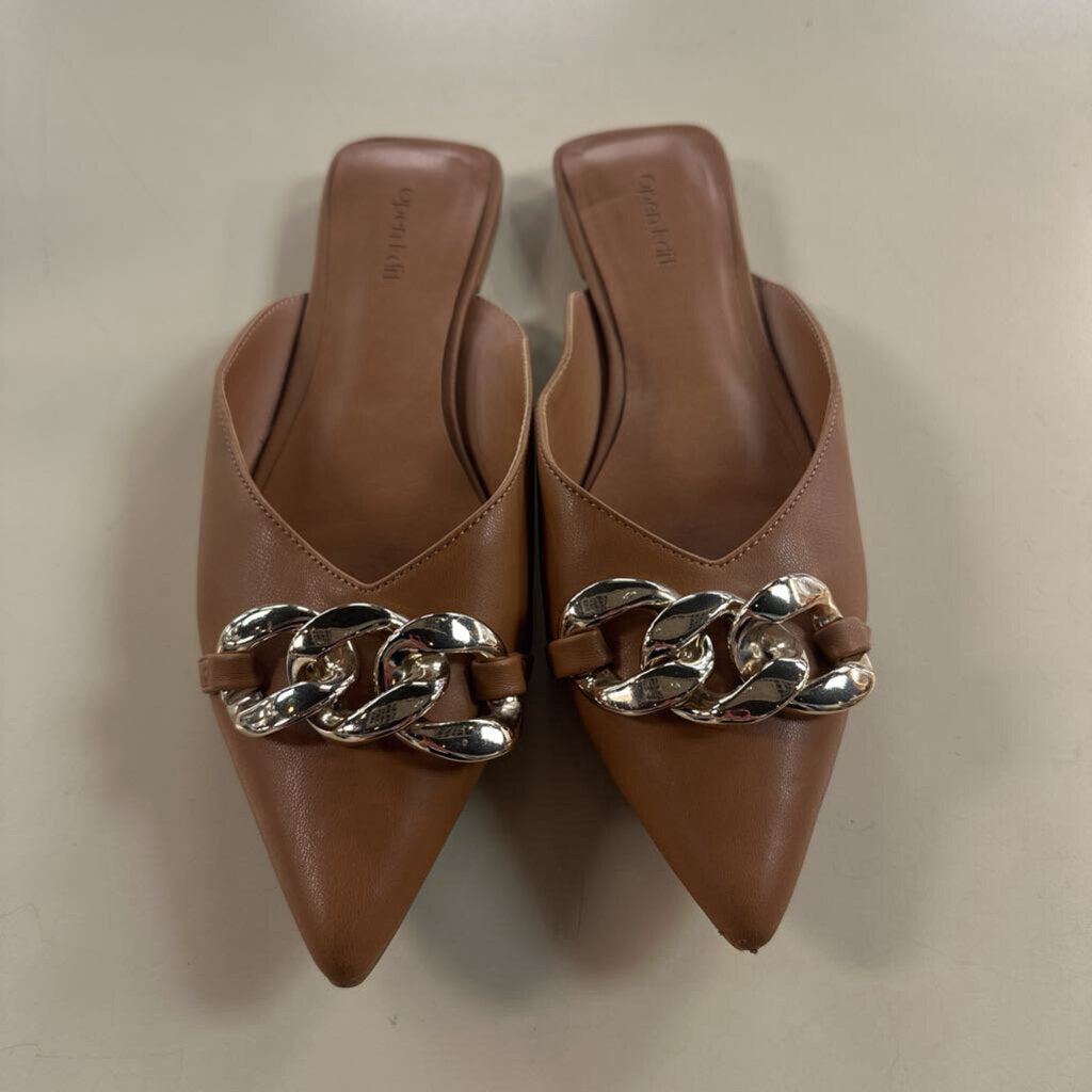 Open Edit Brown Leather Gold Chain Kristina Mules 7.5