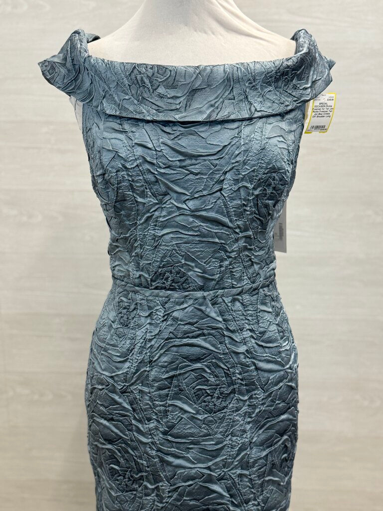 Rickie Freeman Teri Jon Blue Crinkle Off Shoulder Long Formal Dress 18