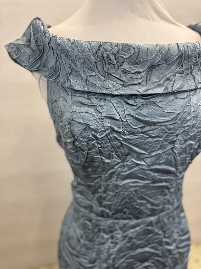 Rickie Freeman Teri Jon Blue Crinkle Off Shoulder Long Formal Dress 18