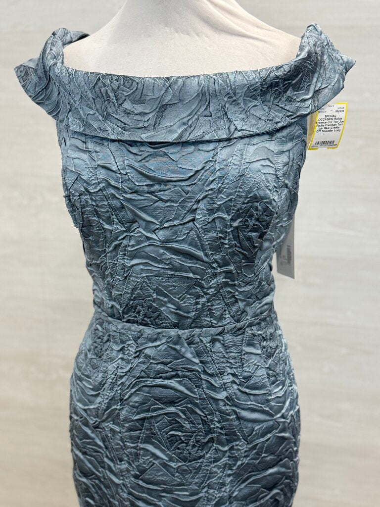 Rickie Freeman Teri Jon Blue Crinkle Off Shoulder Long Formal Dress 18
