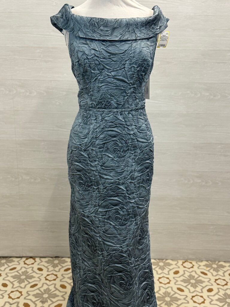 Rickie Freeman Teri Jon Blue Crinkle Off Shoulder Long Formal Dress 18