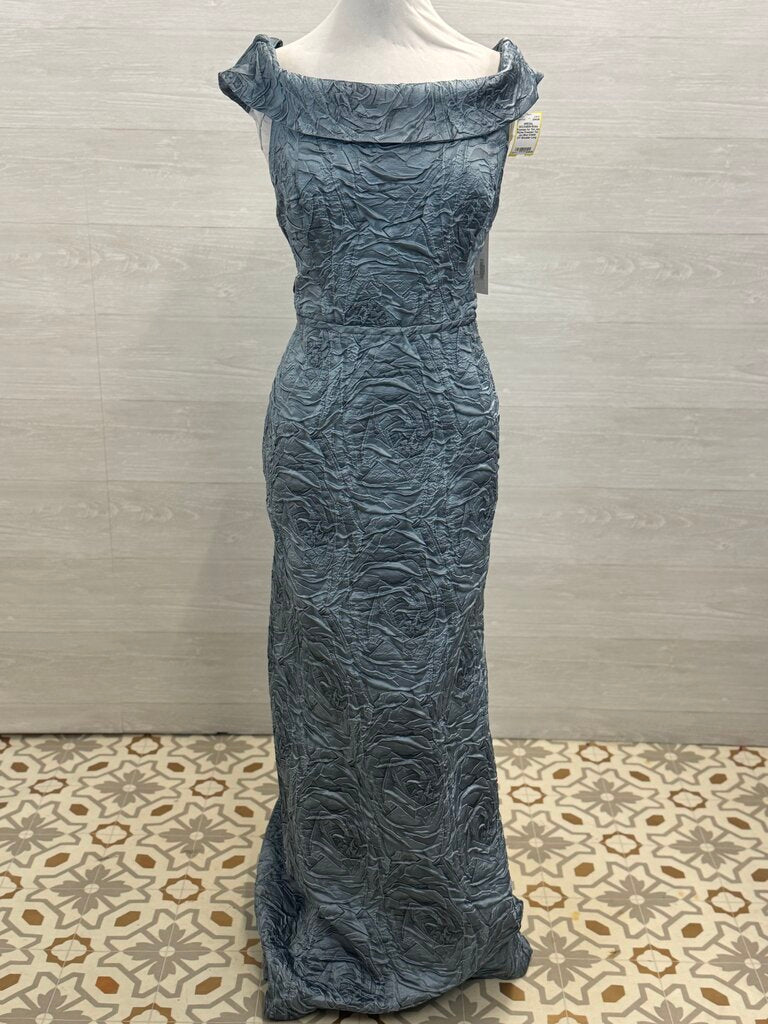 Rickie Freeman Teri Jon Blue Crinkle Off Shoulder Long Formal Dress 18