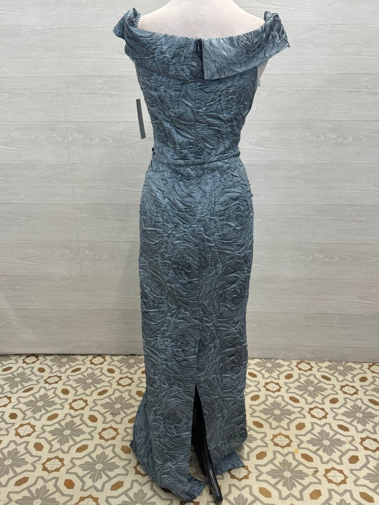 Rickie Freeman Teri Jon Blue Crinkle Off Shoulder Long Formal Dress 18
