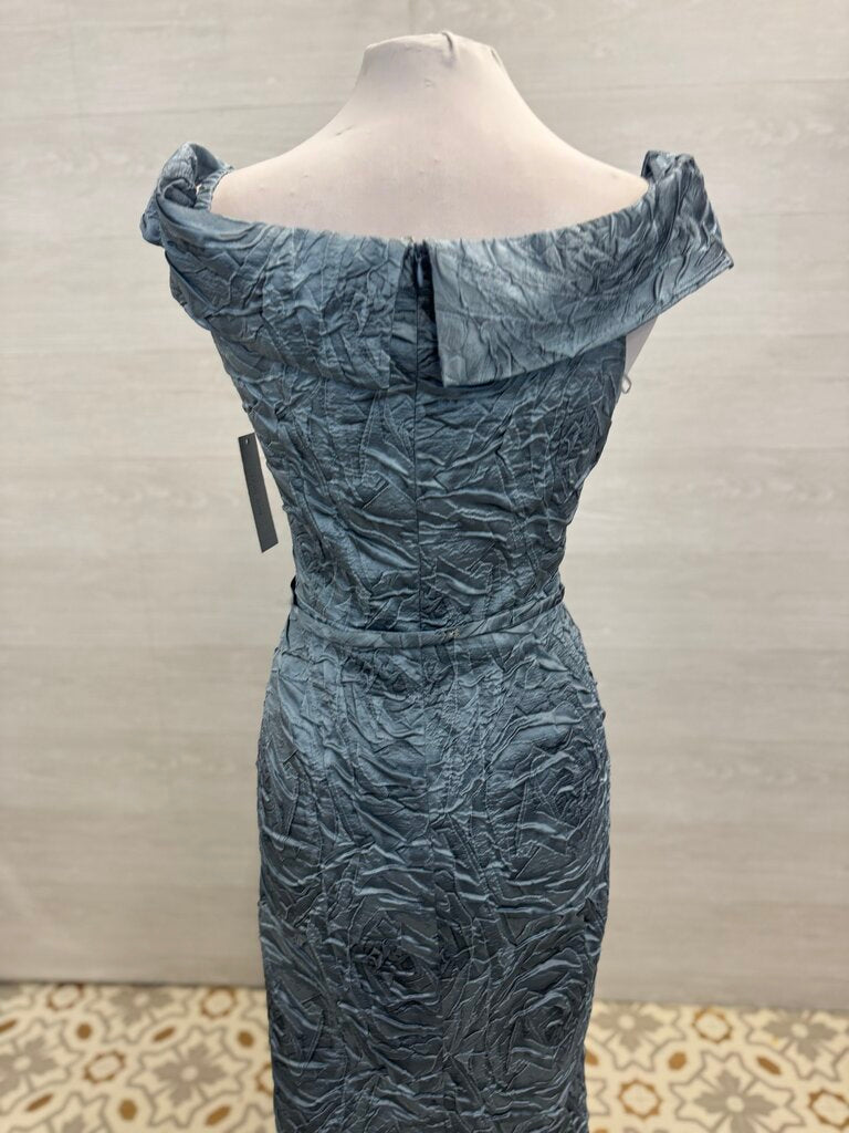 Rickie Freeman Teri Jon Blue Crinkle Off Shoulder Long Formal Dress 18