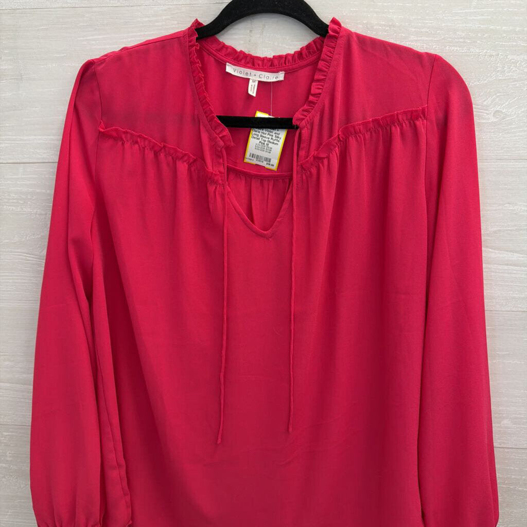 Violet and Clarie Hot Pink Silky Long Sleeve Ruffle Detail Top Medium
