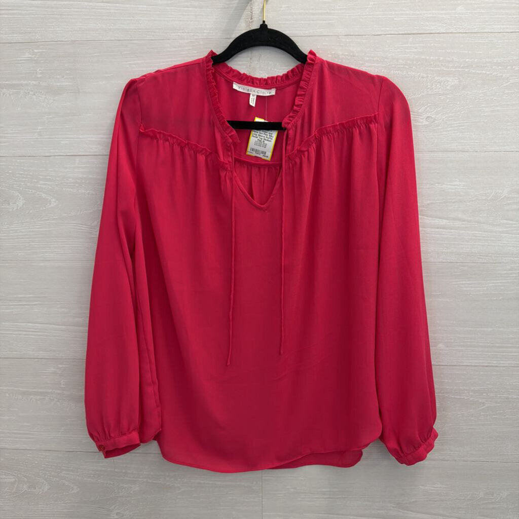 Violet and Clarie Hot Pink Silky Long Sleeve Ruffle Detail Top Medium