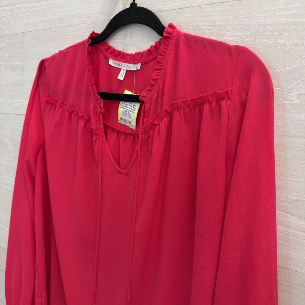 Violet and Clarie Hot Pink Silky Long Sleeve Ruffle Detail Top Medium