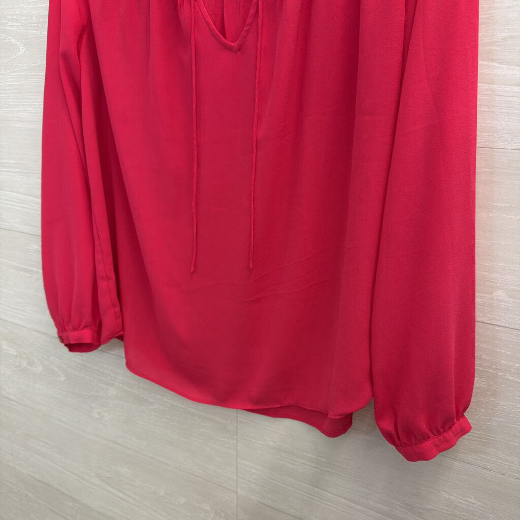 Violet and Clarie Hot Pink Silky Long Sleeve Ruffle Detail Top Medium