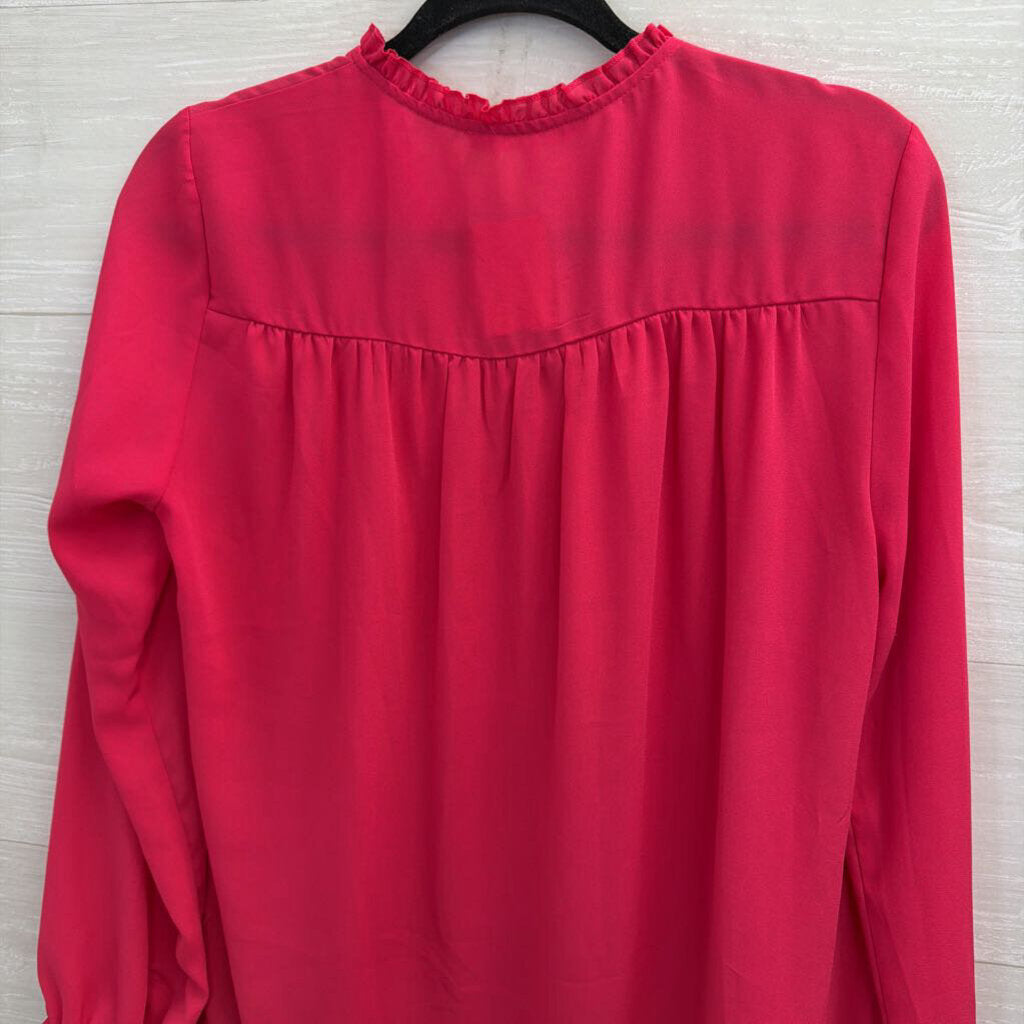 Violet and Clarie Hot Pink Silky Long Sleeve Ruffle Detail Top Medium