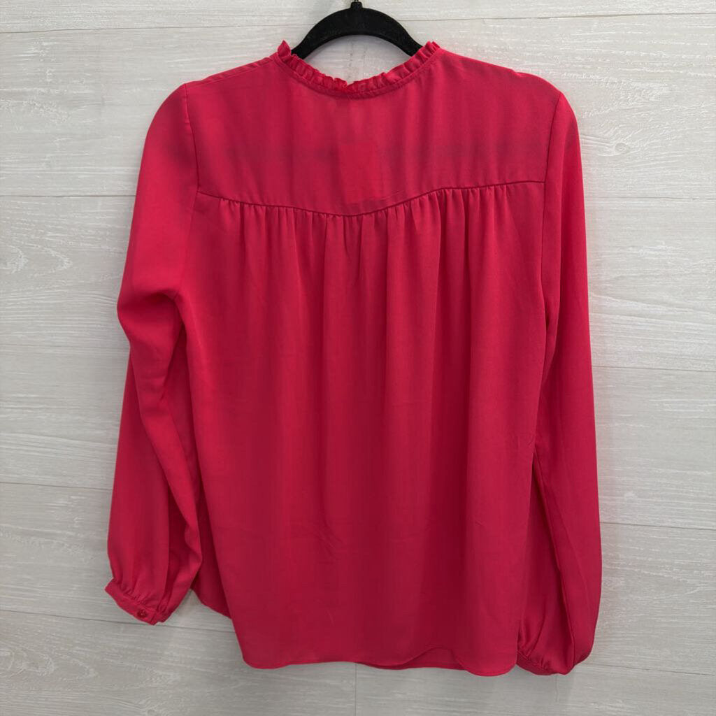 Violet and Clarie Hot Pink Silky Long Sleeve Ruffle Detail Top Medium