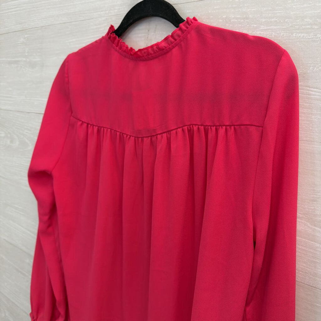 Violet and Clarie Hot Pink Silky Long Sleeve Ruffle Detail Top Medium
