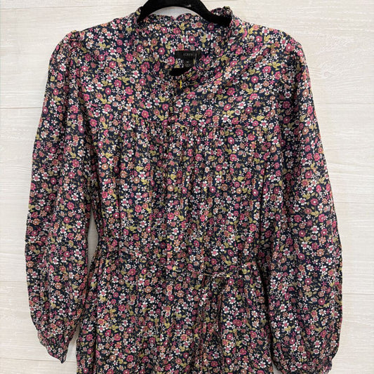 J Crew Black/ Multi Floral Print Long Puff Sleeve Tie Waist Dress Medium