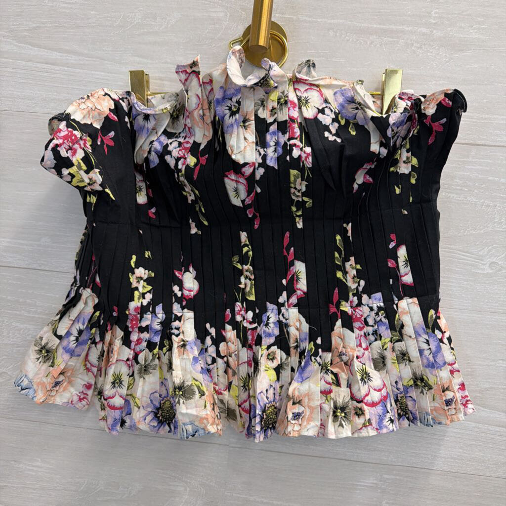White House Black Market Black/ Multi Floral Print Pleated Strapless Top 8