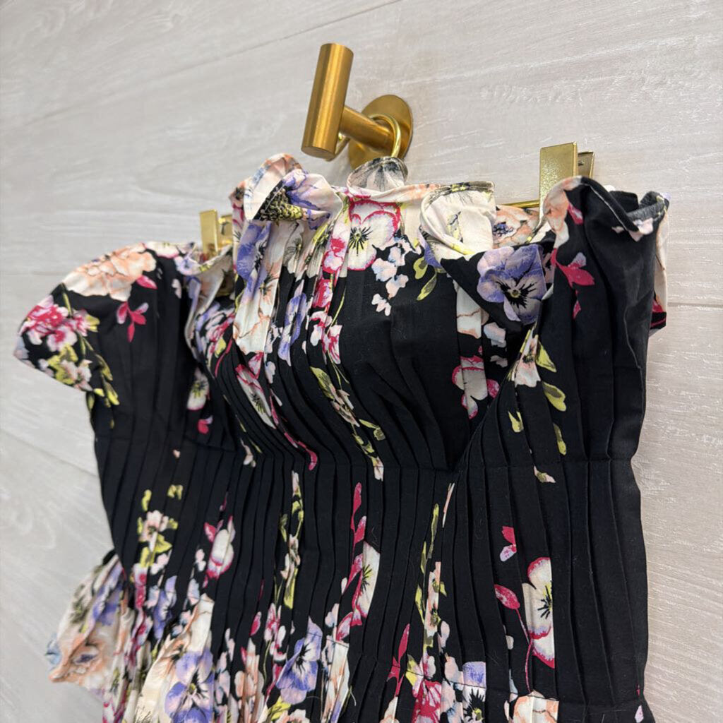 White House Black Market Black/ Multi Floral Print Pleated Strapless Top 8