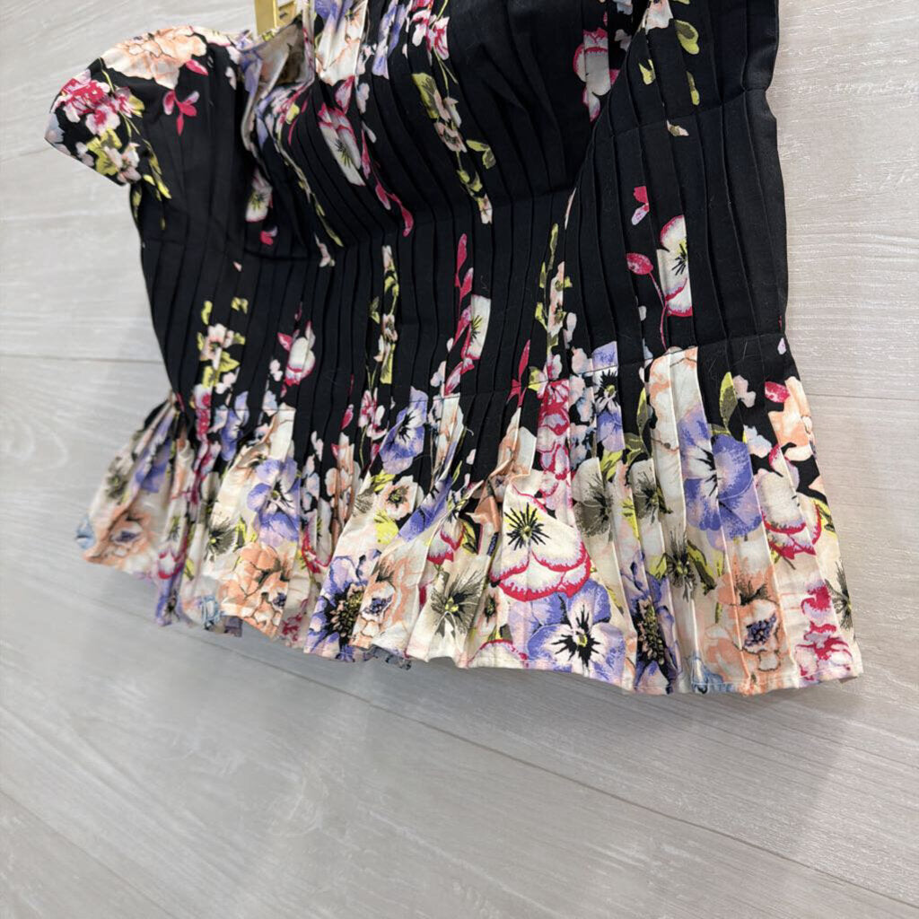 White House Black Market Black/ Multi Floral Print Pleated Strapless Top 8