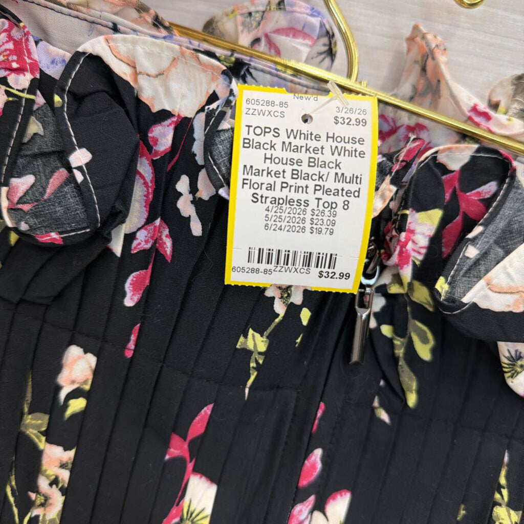 White House Black Market Black/ Multi Floral Print Pleated Strapless Top 8