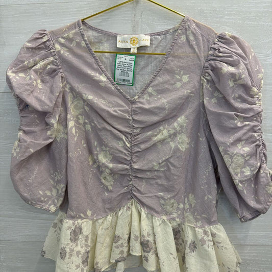 Anna Cate Purple/ White Floral Print Short Puff Sleeve Top Medium