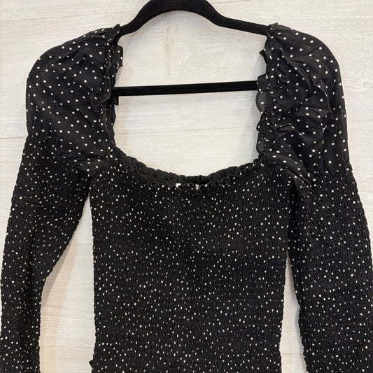 Reformation Black/ White Polka Dot Smocked Long Sleeve Top Medium