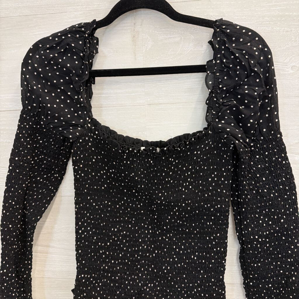 Reformation Black/ White Polka Dot Smocked Long Sleeve Top Medium