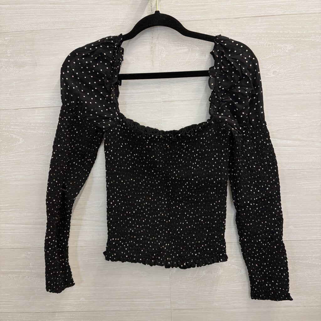 Reformation Black/ White Polka Dot Smocked Long Sleeve Top Medium