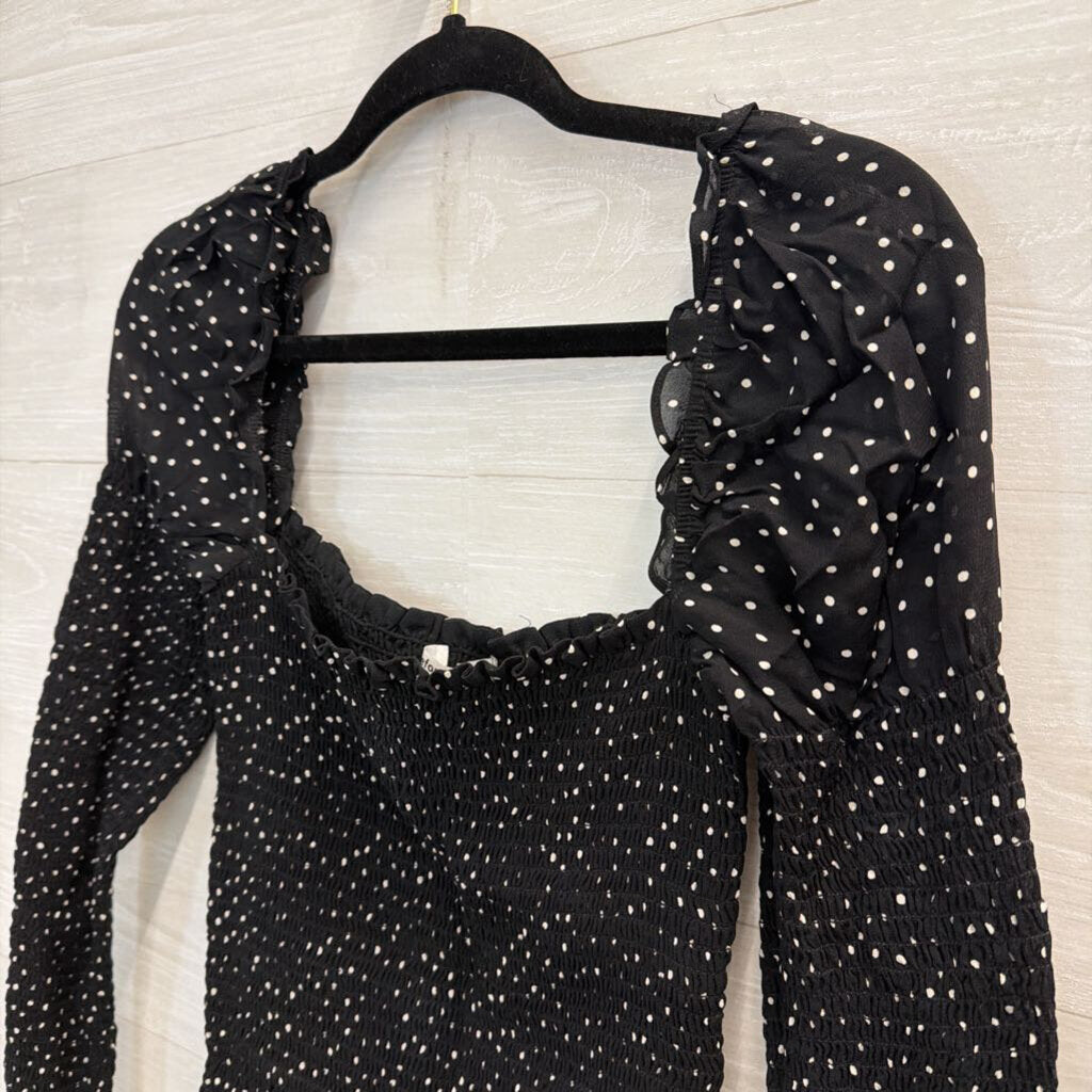 Reformation Black/ White Polka Dot Smocked Long Sleeve Top Medium
