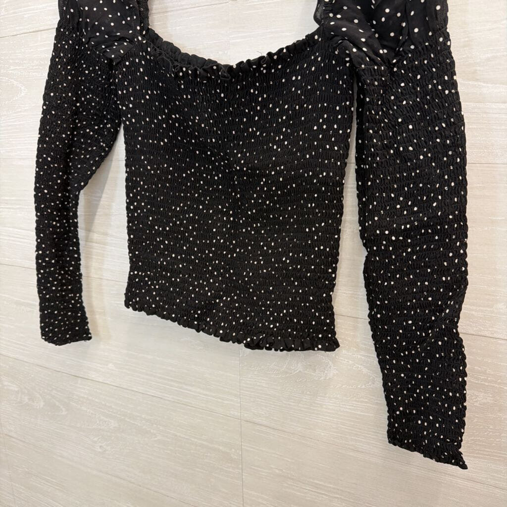 Reformation Black/ White Polka Dot Smocked Long Sleeve Top Medium