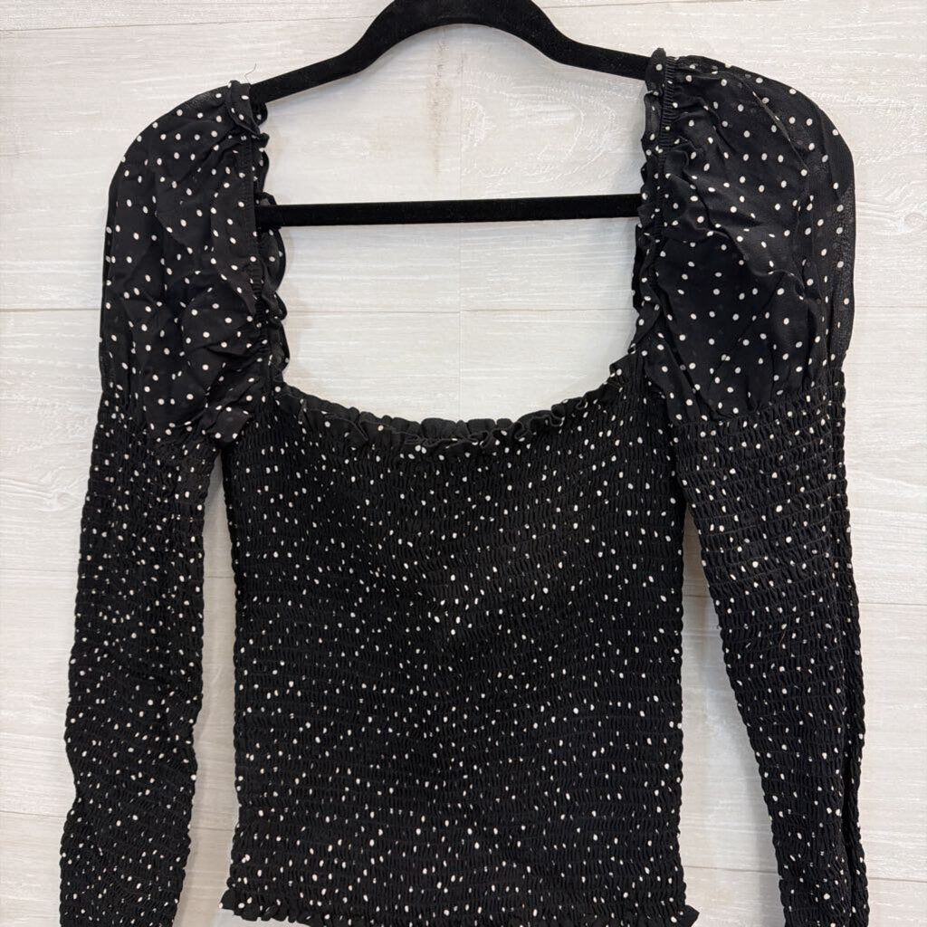 Reformation Black/ White Polka Dot Smocked Long Sleeve Top Medium