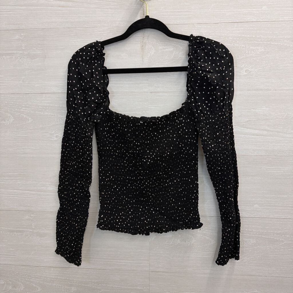Reformation Black/ White Polka Dot Smocked Long Sleeve Top Medium