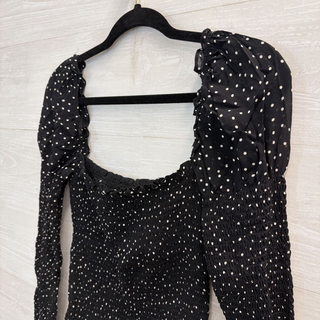 Reformation Black/ White Polka Dot Smocked Long Sleeve Top Medium