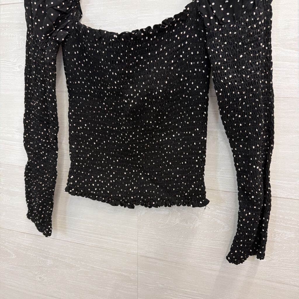 Reformation Black/ White Polka Dot Smocked Long Sleeve Top Medium