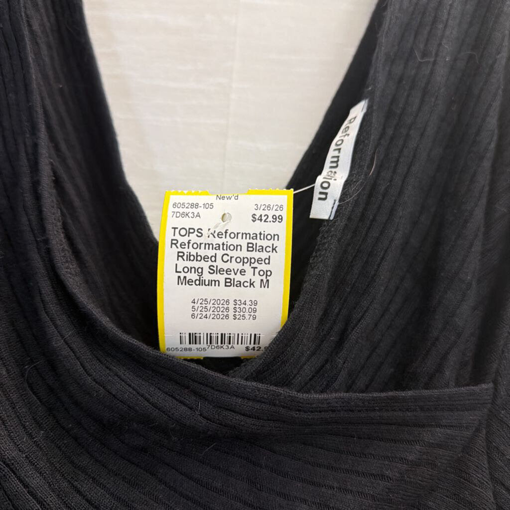Reformation Black Ribbed Cropped Long Sleeve Top Medium