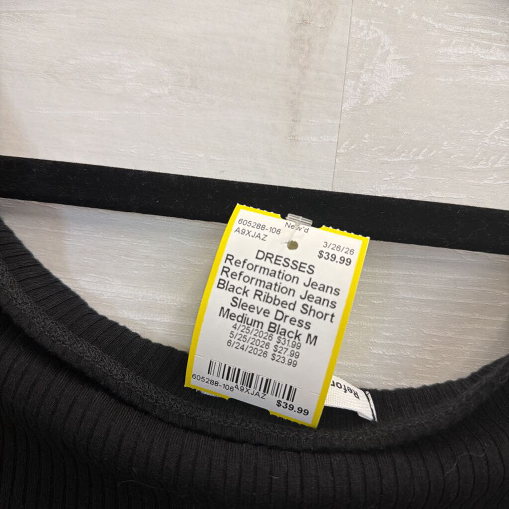 Reformation Jeans Black Ribbed Short Sleeve Dress Medium