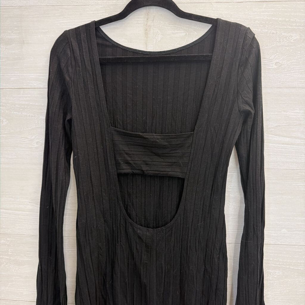 Reformation Black Ribbed Long Sleeve Open Back Dress Medium
