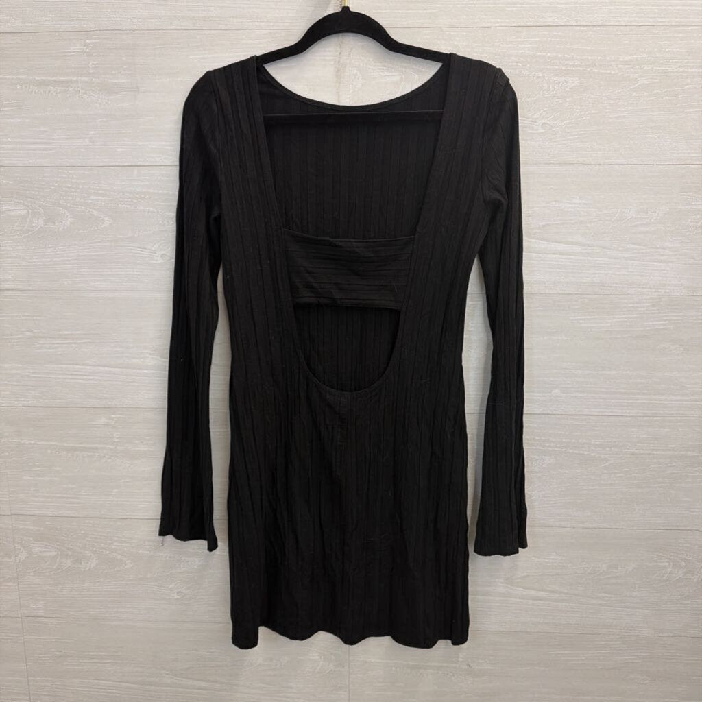 Reformation Black Ribbed Long Sleeve Open Back Dress Medium