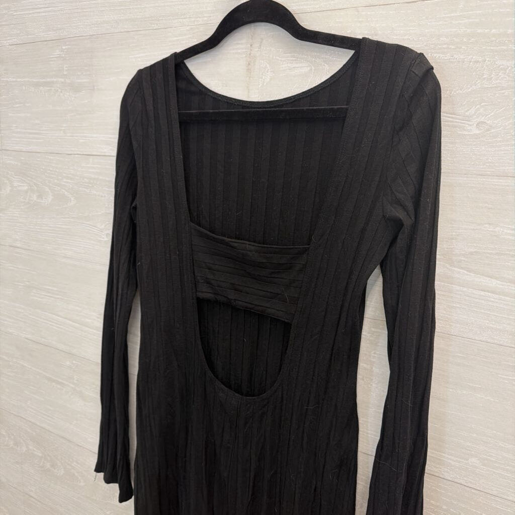 Reformation Black Ribbed Long Sleeve Open Back Dress Medium