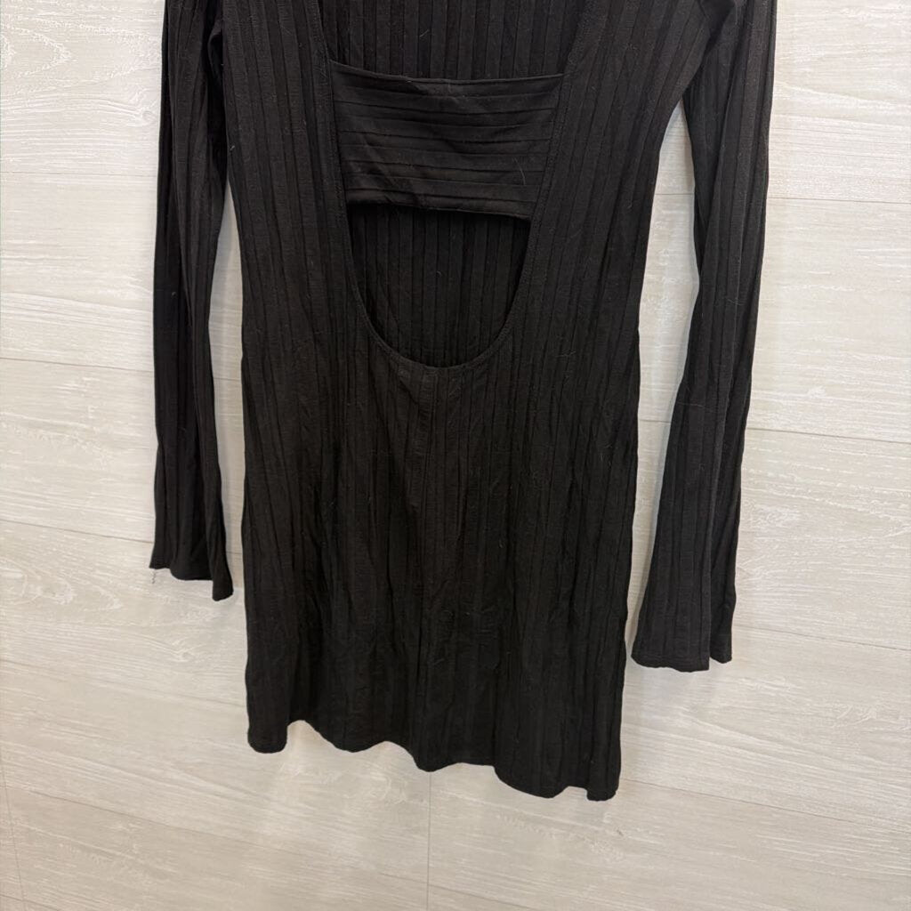 Reformation Black Ribbed Long Sleeve Open Back Dress Medium