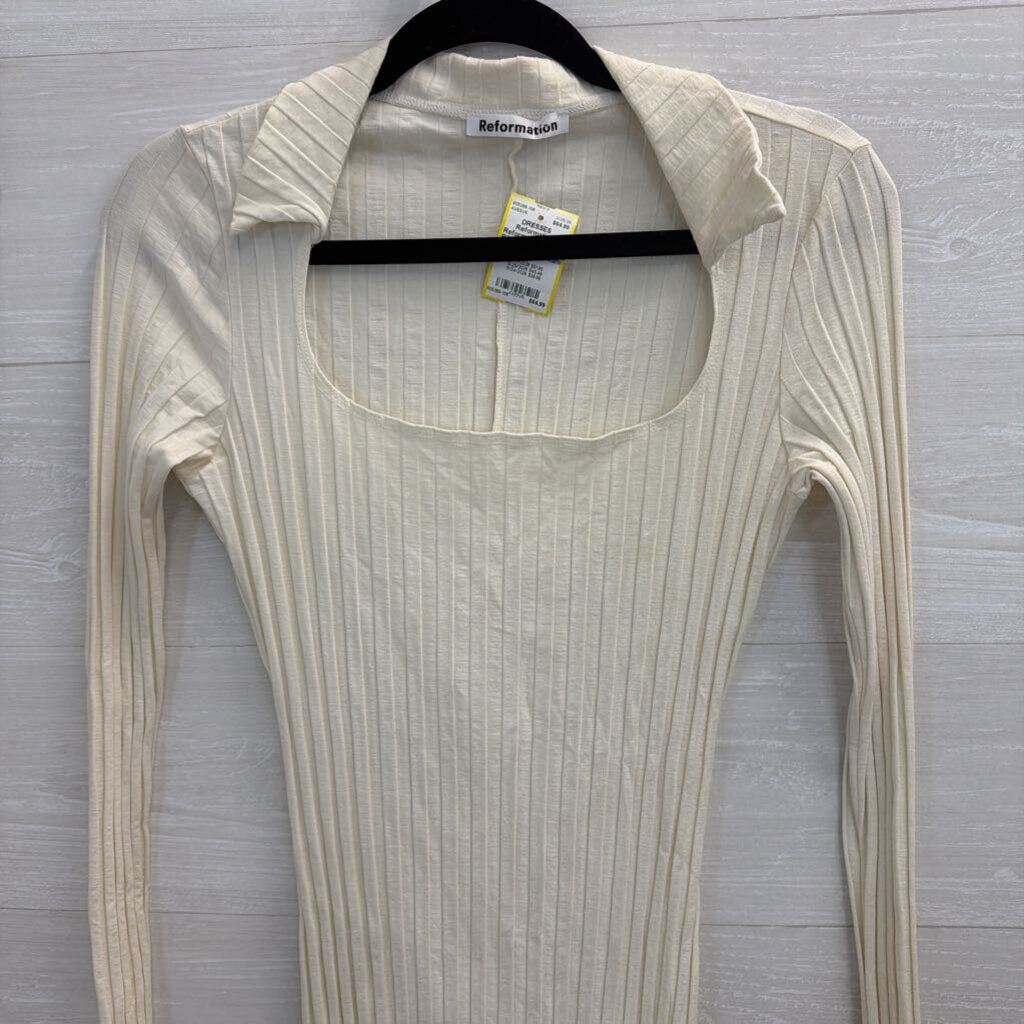 Reformation Cream Ribbed Long Sleeve Dress Medium