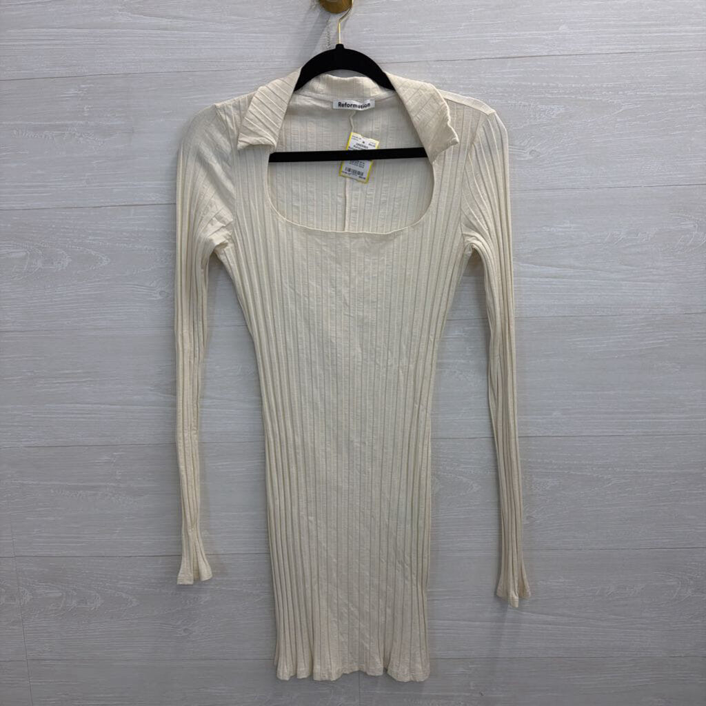 Reformation Cream Ribbed Long Sleeve Dress Medium